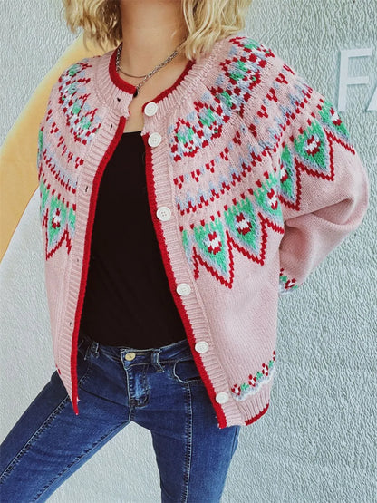 Contrast Geometric Round Neck Long Sleeve Cardigan - adritiX