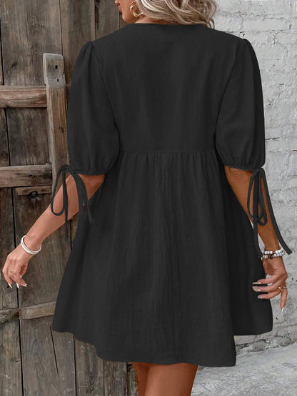 V-Neck Tie-Front Mini Dress with Puff Sleeves - adritiX