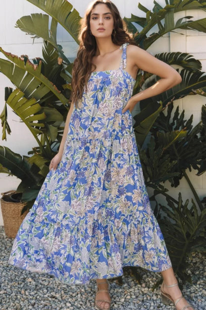 Floral Print Self-tie Straps Flowy Ruffle Dress - adritiX