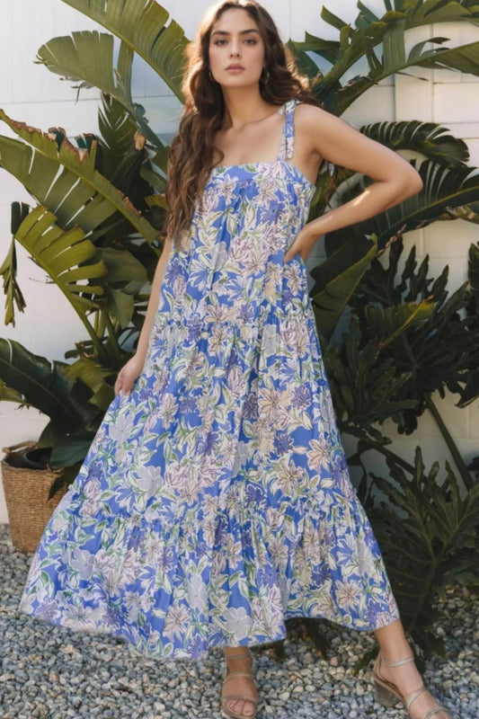 Floral Print Self-tie Straps Flowy Ruffle Dress - adritiX