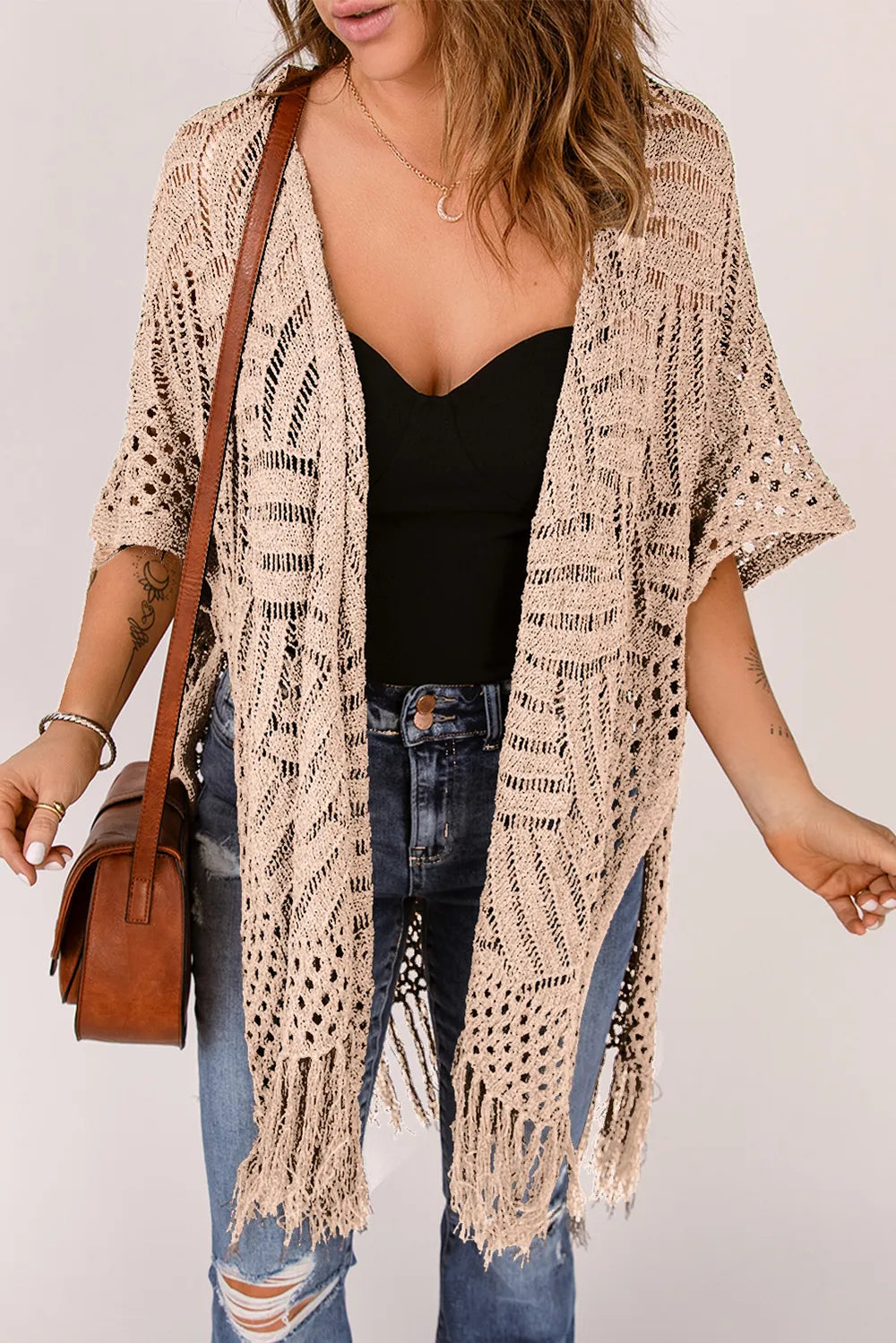 Openwork Open Front Cardigan with Fringes - adritiX