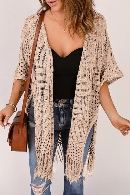 Openwork Open Front Cardigan with Fringes - adritiX