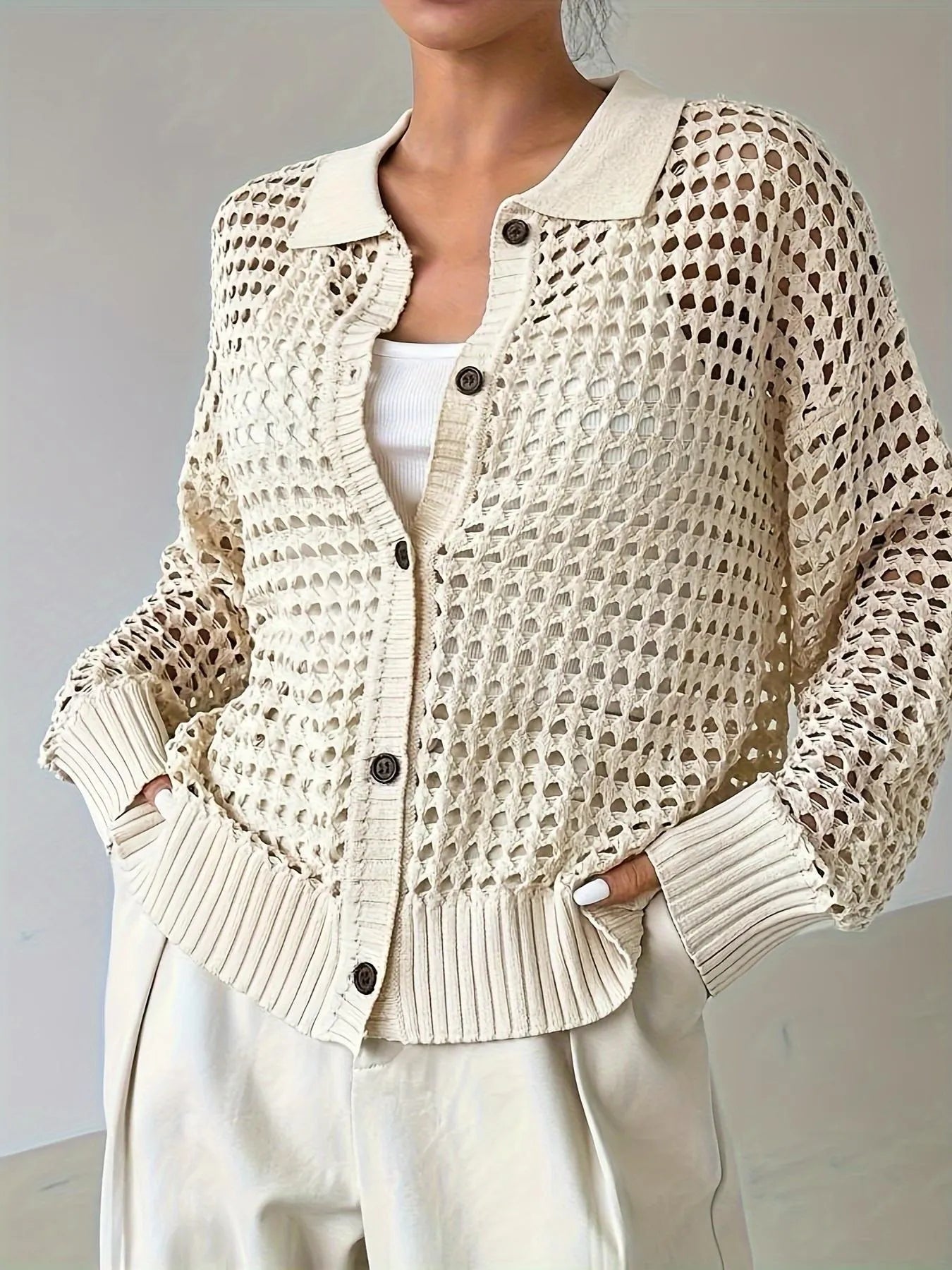 Hollow Out Knit Button Front Cardigan - adritiX