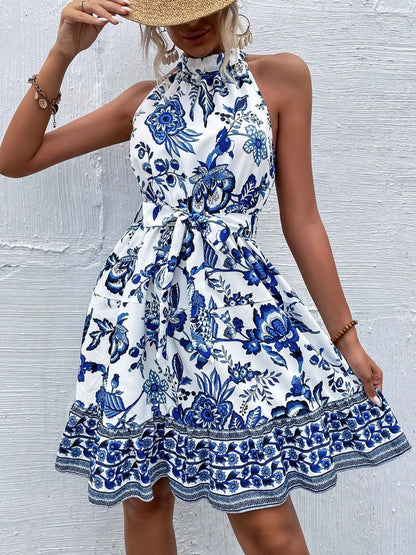 Floral Halter Neck Summer Dress with Belt - adritiX