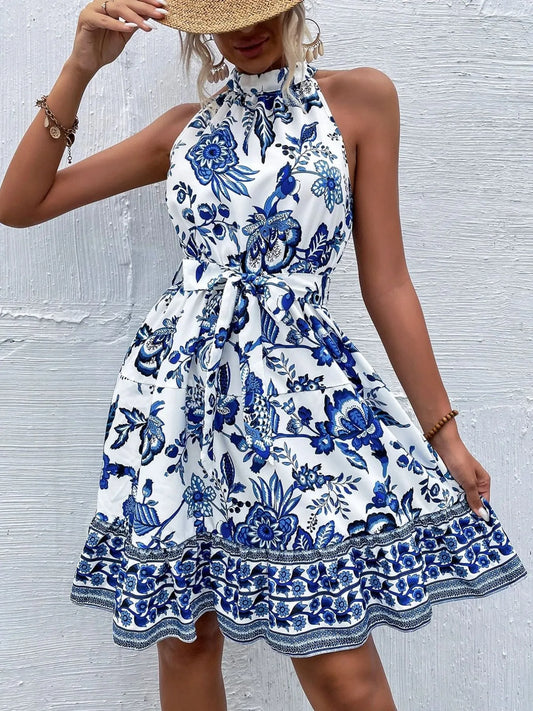 Floral Halter Neck Summer Dress with Belt - adritiX