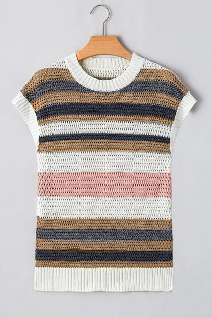 Stripe Color Block Eyelet Knit Short Sleeve Knit Top - adritiX