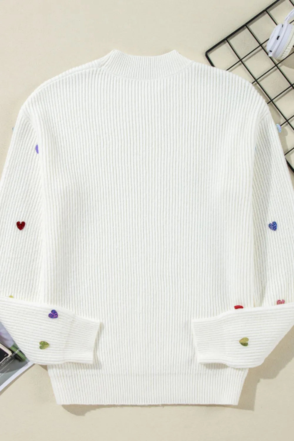 Heart Sequin Round Neck Long Sleeve Sweater - adritiX