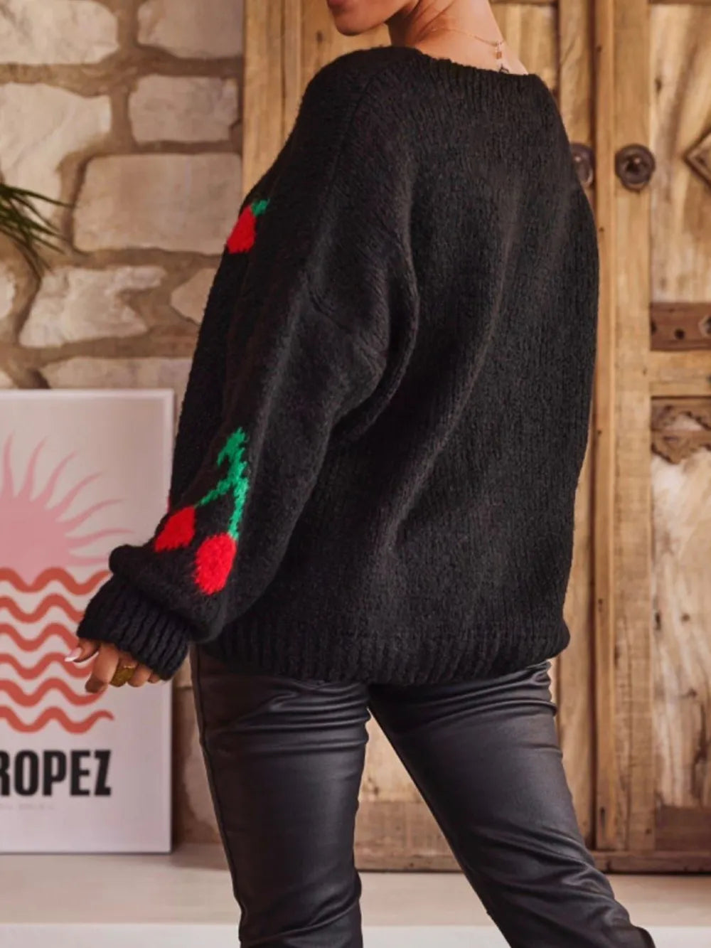 Tied Cherry Round Neck Long Sleeve Cardigan - adritiX