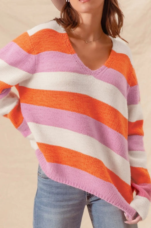 Color Block V-Neck Long Sleeve Sweater - adritiX