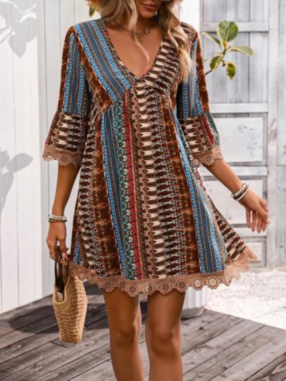 Elegant Lace Trim Printed V-Neck 3/4 Sleeve Dress - adritiX