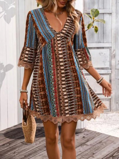 Elegant Lace Trim Printed V-Neck 3/4 Sleeve Dress - adritiX