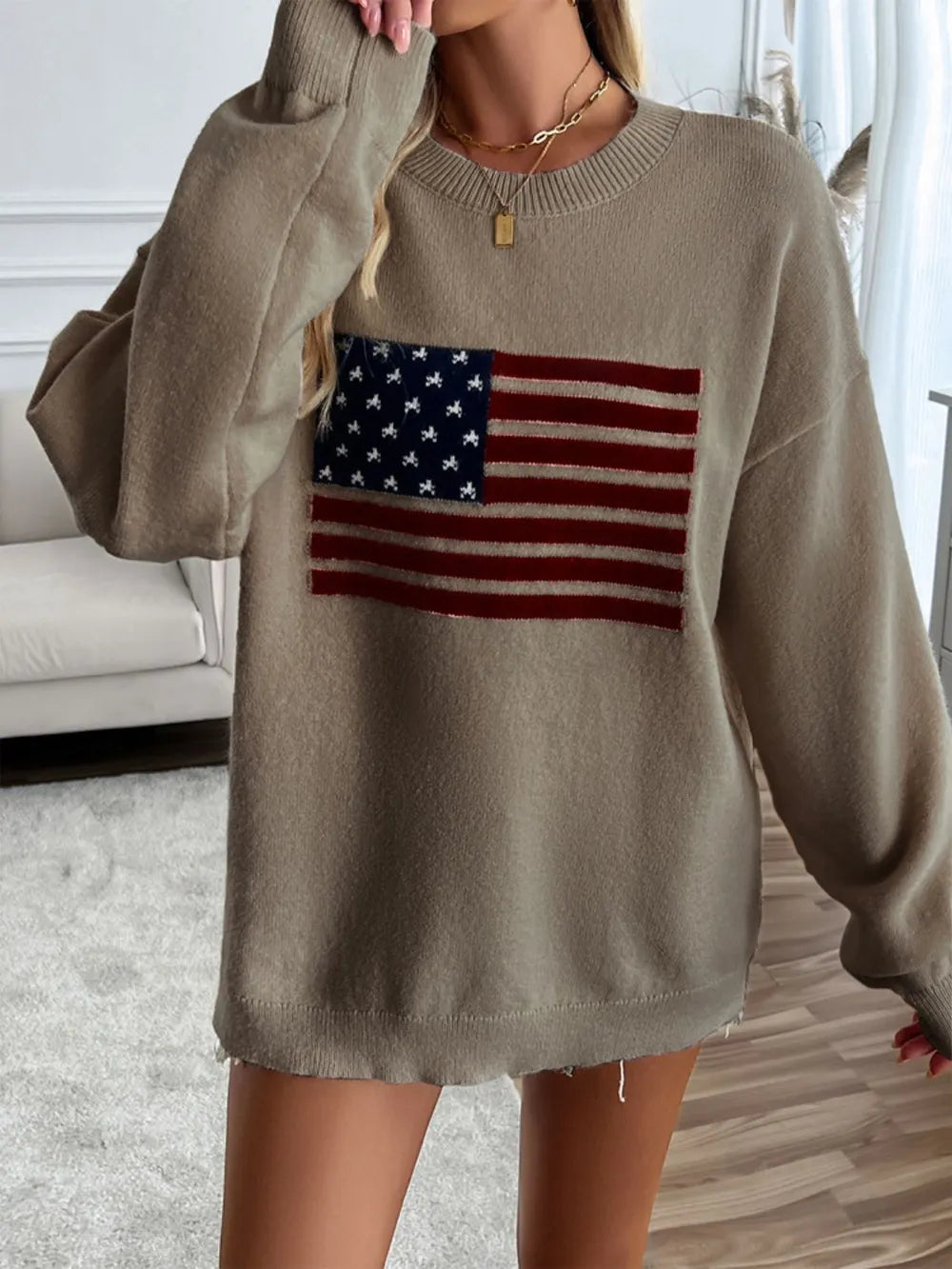 Devine US Flag Round Neck Long Sleeve Knit Top - adritiX