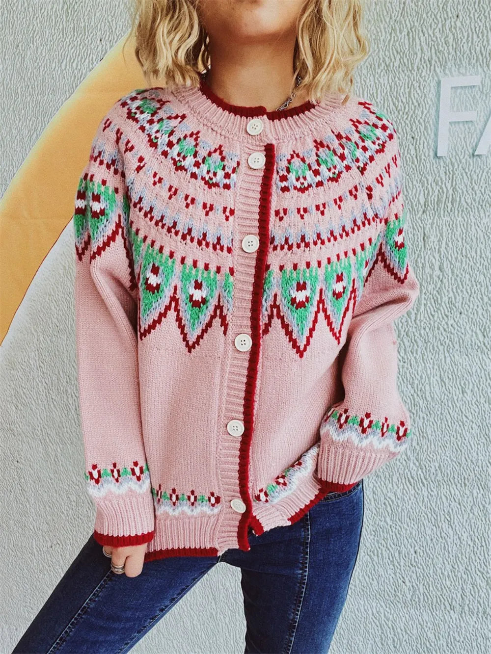Contrast Geometric Round Neck Long Sleeve Cardigan - adritiX