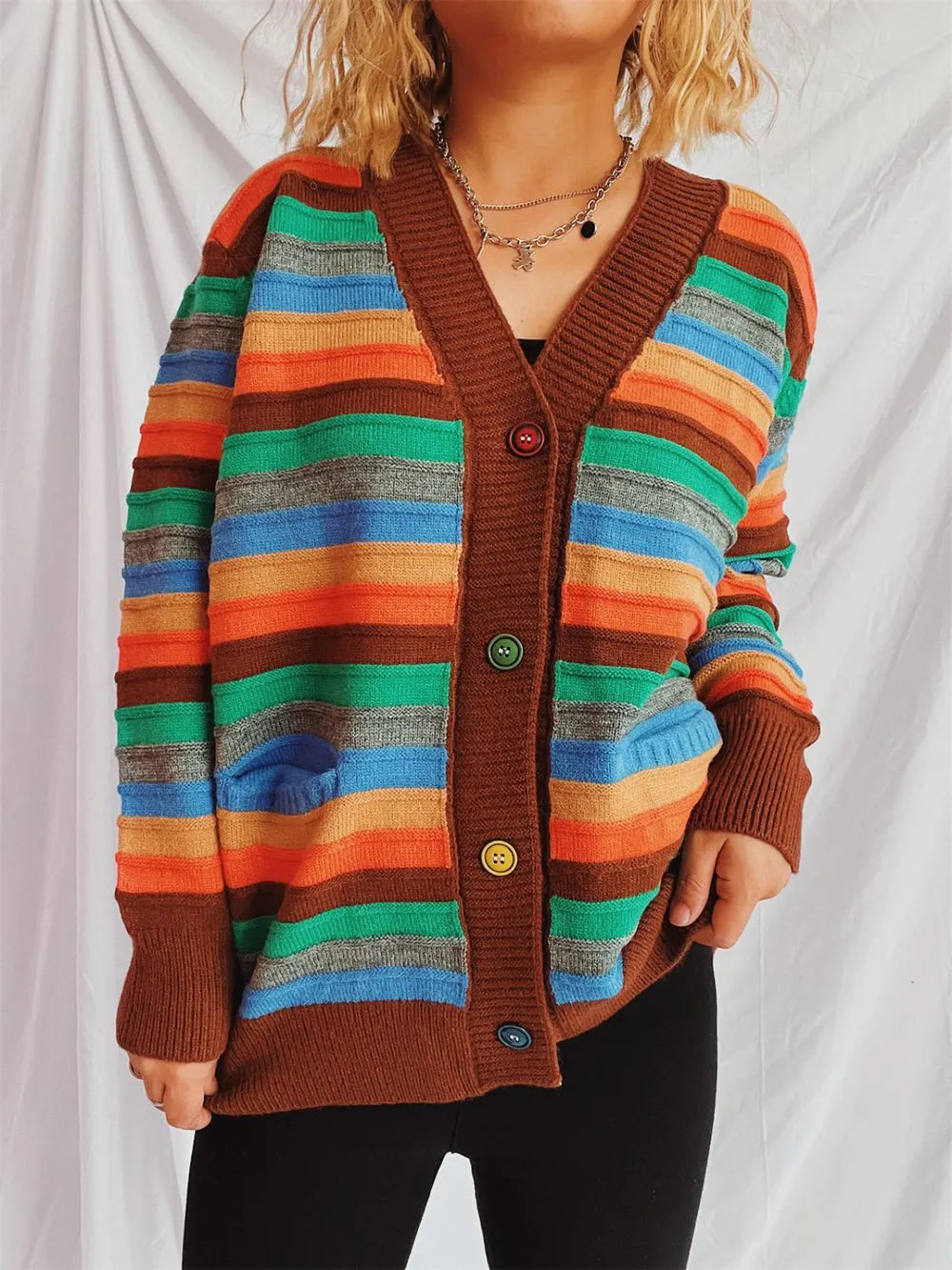 Contrast Stripes Button Up Long Sleeve Cardigan - adritiX
