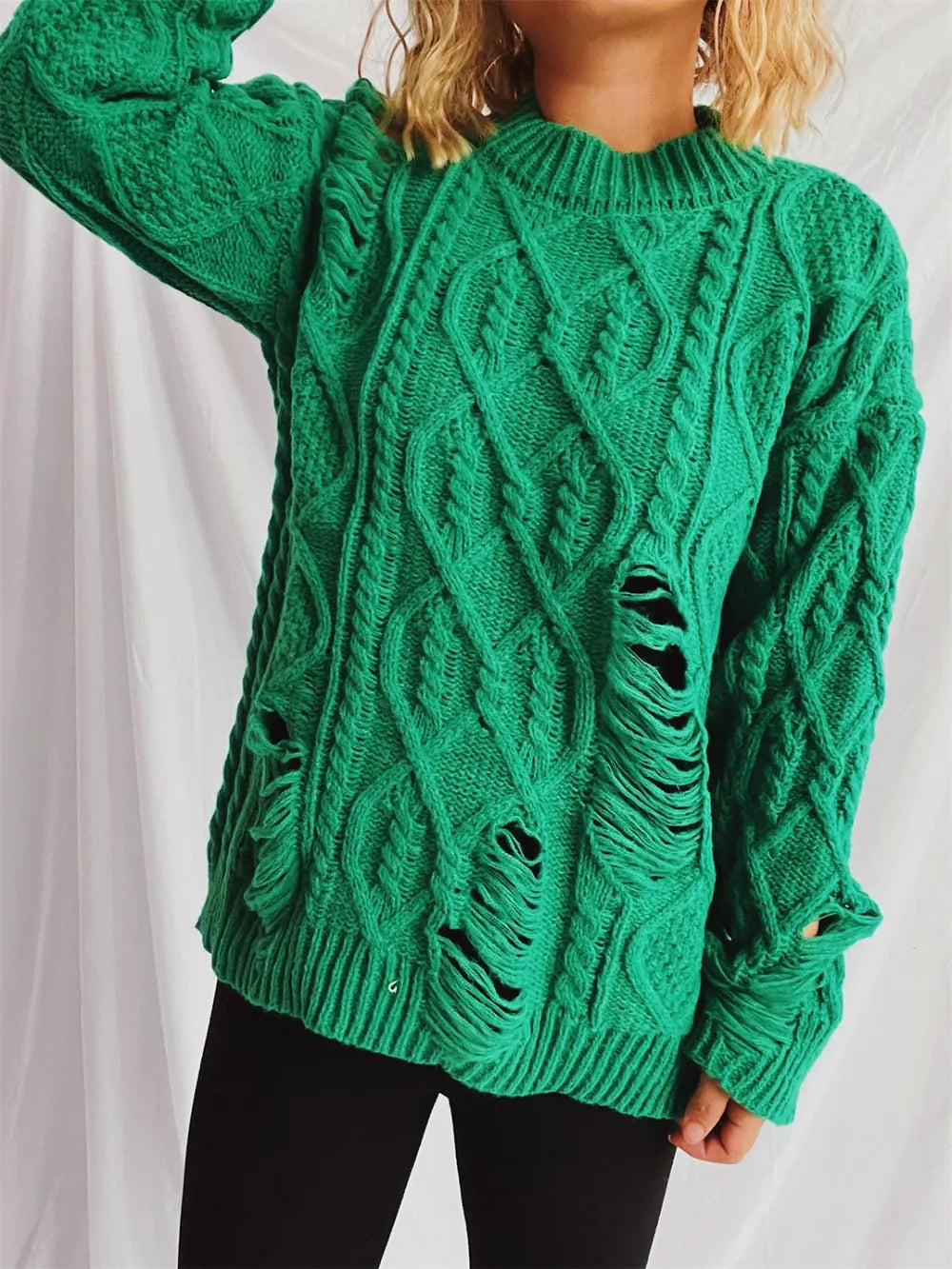 Distressed Cable-Knit Round Neck Long Sleeve Sweater - adritiX