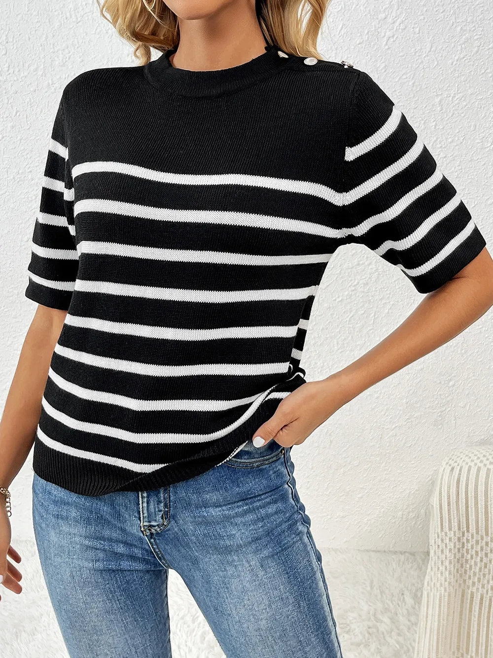 Striped Round Neck Half Sleeve Knit Top - adritiX