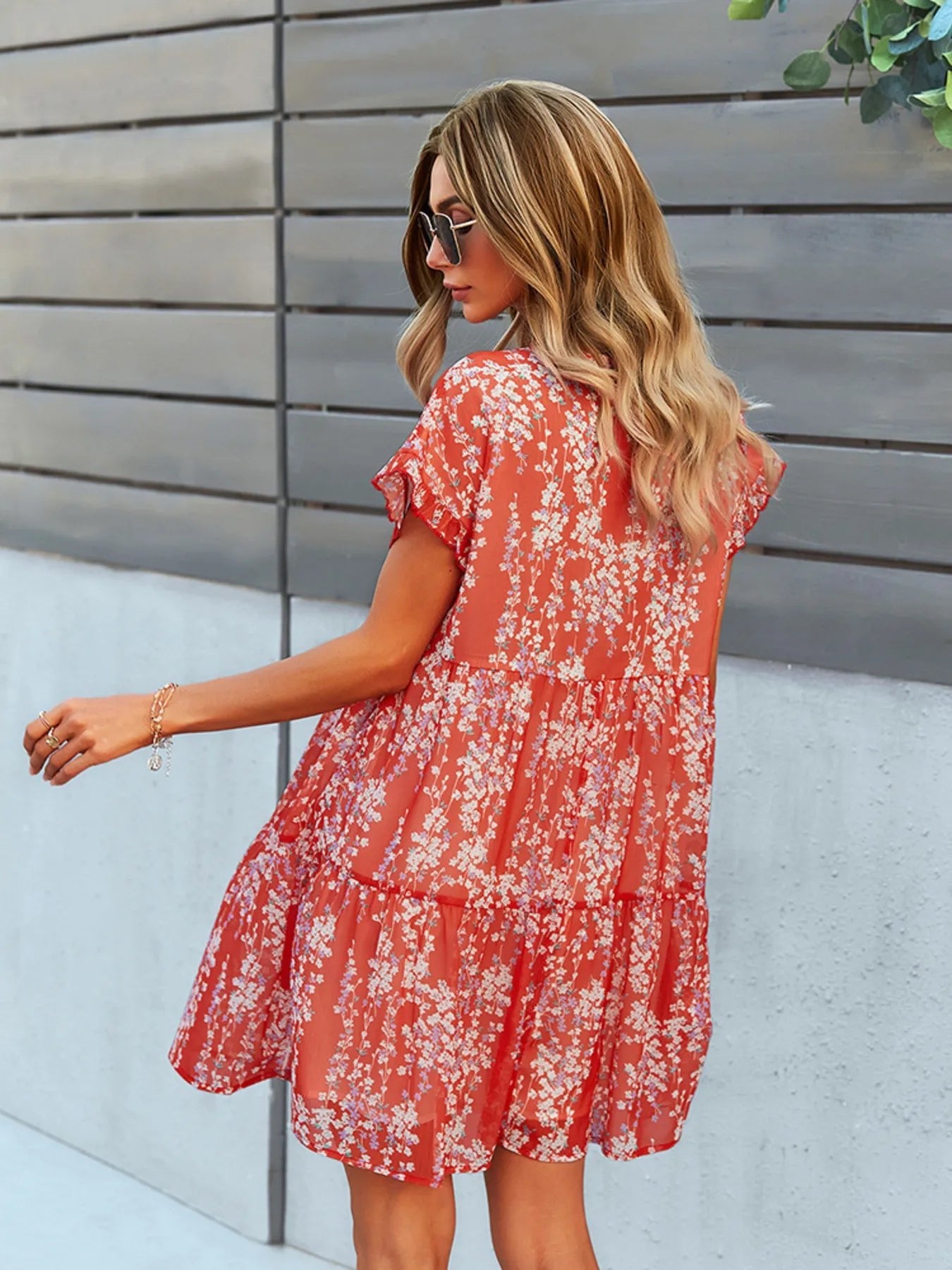 Floral Print V-Neck Ruffle Tiered Summer Mini Dress - adritiX