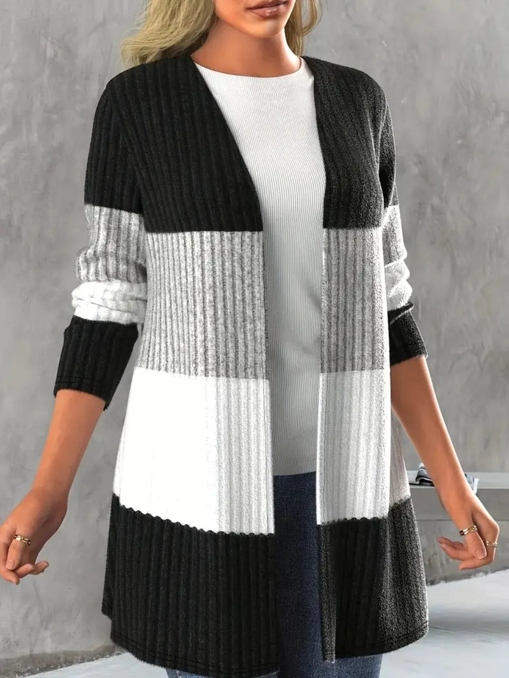 Color Block Open Front Long Sleeve Cardigan - adritiX