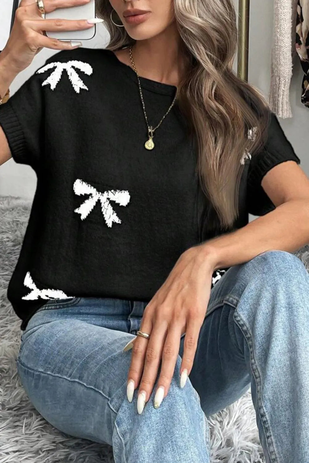 Elegant Bow Pattern Knit Short Sleeve Sweater - adritiX