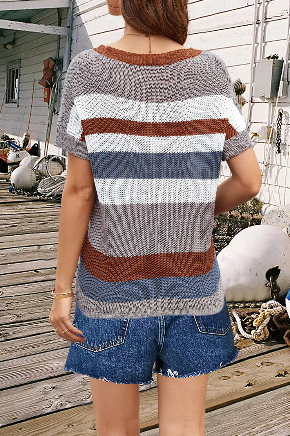 Striped Round Neck Short Sleeve Knit Top - adritiX