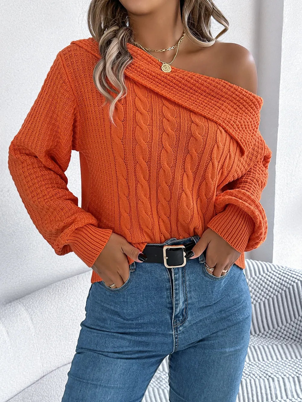 Cable-Knit One Shoulder Long Sleeve Sweater - adritiX