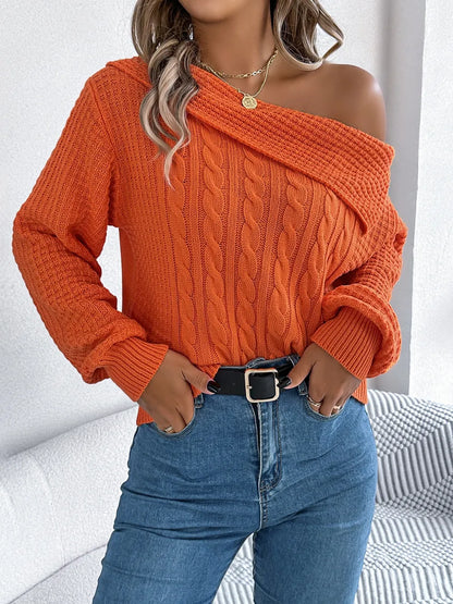 Cable-Knit One Shoulder Long Sleeve Sweater - adritiX