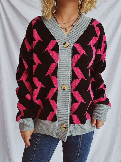 Contrast Trim Geometric V-Neck Long Sleeve Cardigan - adritiX