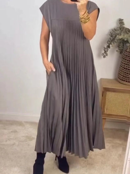 Elegant Full Size Pleated Round Neck Maxi Dress Plus Size - adritiX