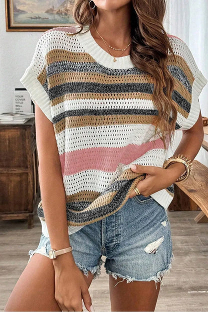Stripe Color Block Eyelet Knit Short Sleeve Knit Top - adritiX