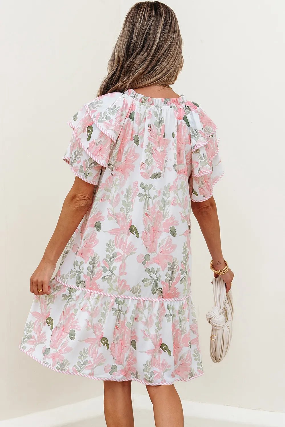 Floral Contrast Edge Layered Short Sleeve Mini Dress - adritiX