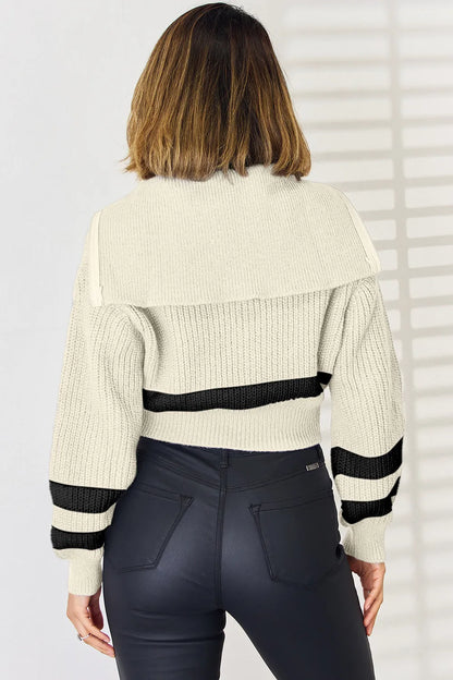 Striped Zip Up Dropped Shoulder Cardigan - adritiX