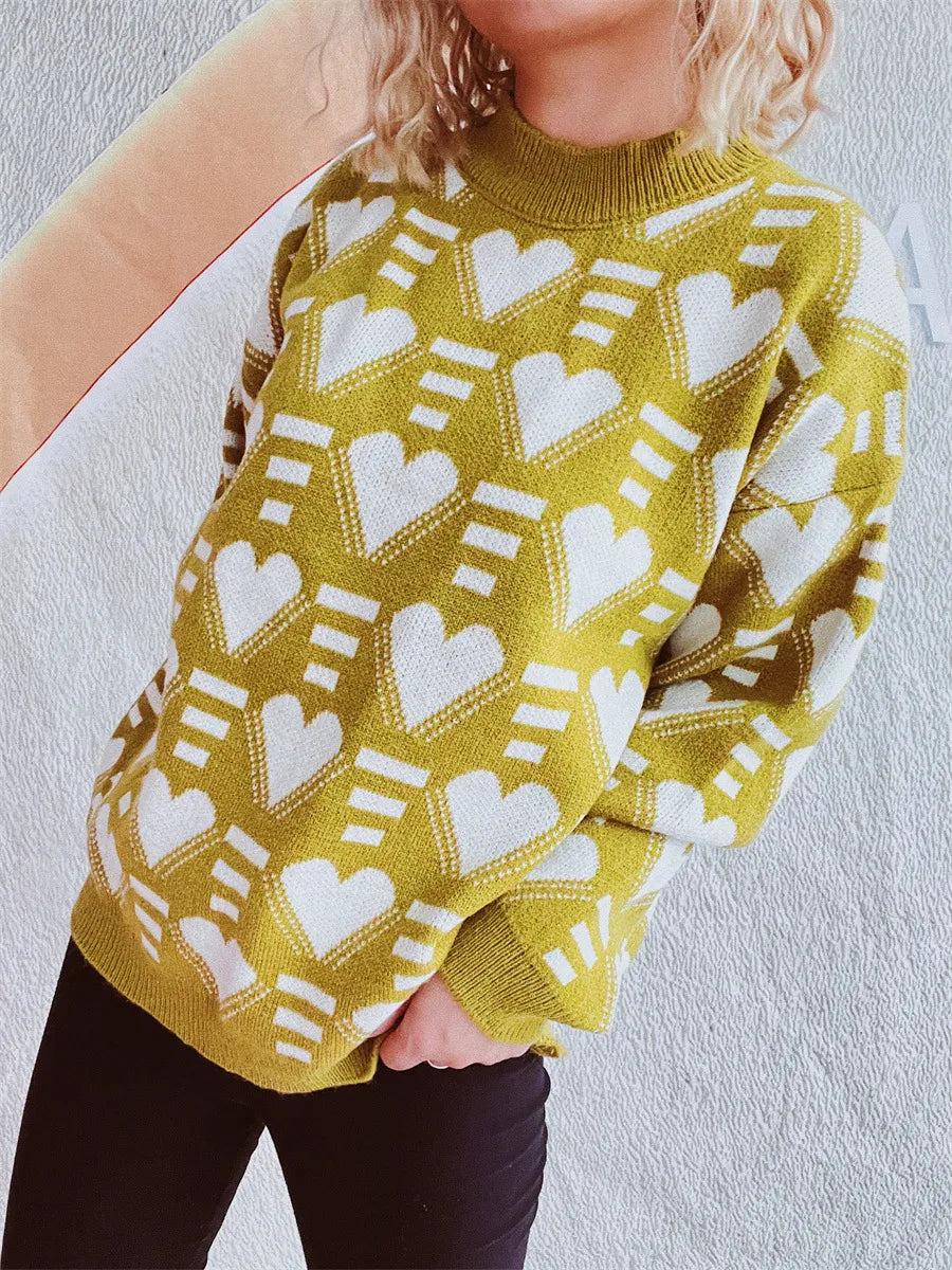 Elegant Heart Contrast Long Sleeve Dropped Shoulder Sweater - adritiX