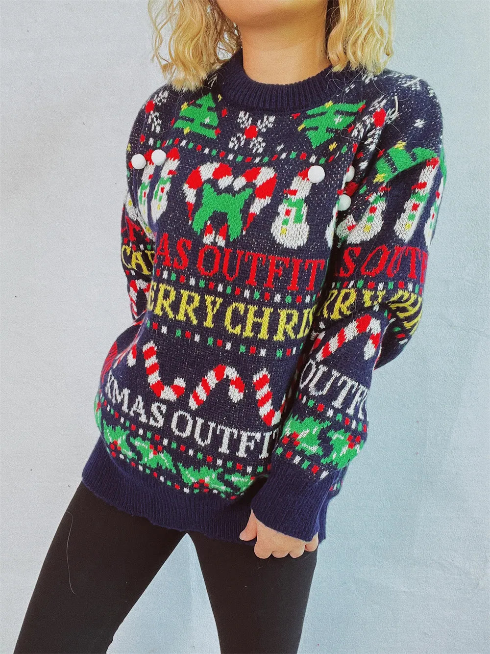Christmas Pattern Round Neck Long Sleeve Sweater - adritiX