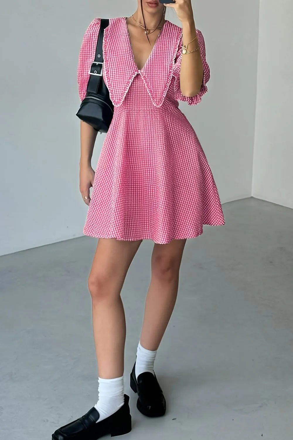 Gingham Puff Sleeve Mini Dress - adritiX