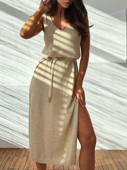 Slit V-Neck Sleeveless Sweater Dress - adritiX