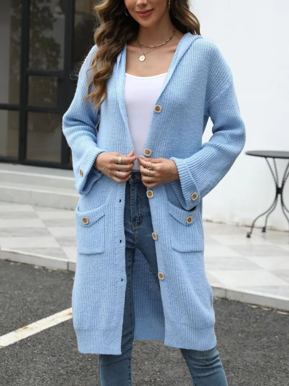 Pocketed Button Up Long Sleeve Hooded Cardigan - adritiX