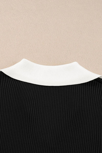 Contrast Collared Neck Ribbed Knit Top - adritiX