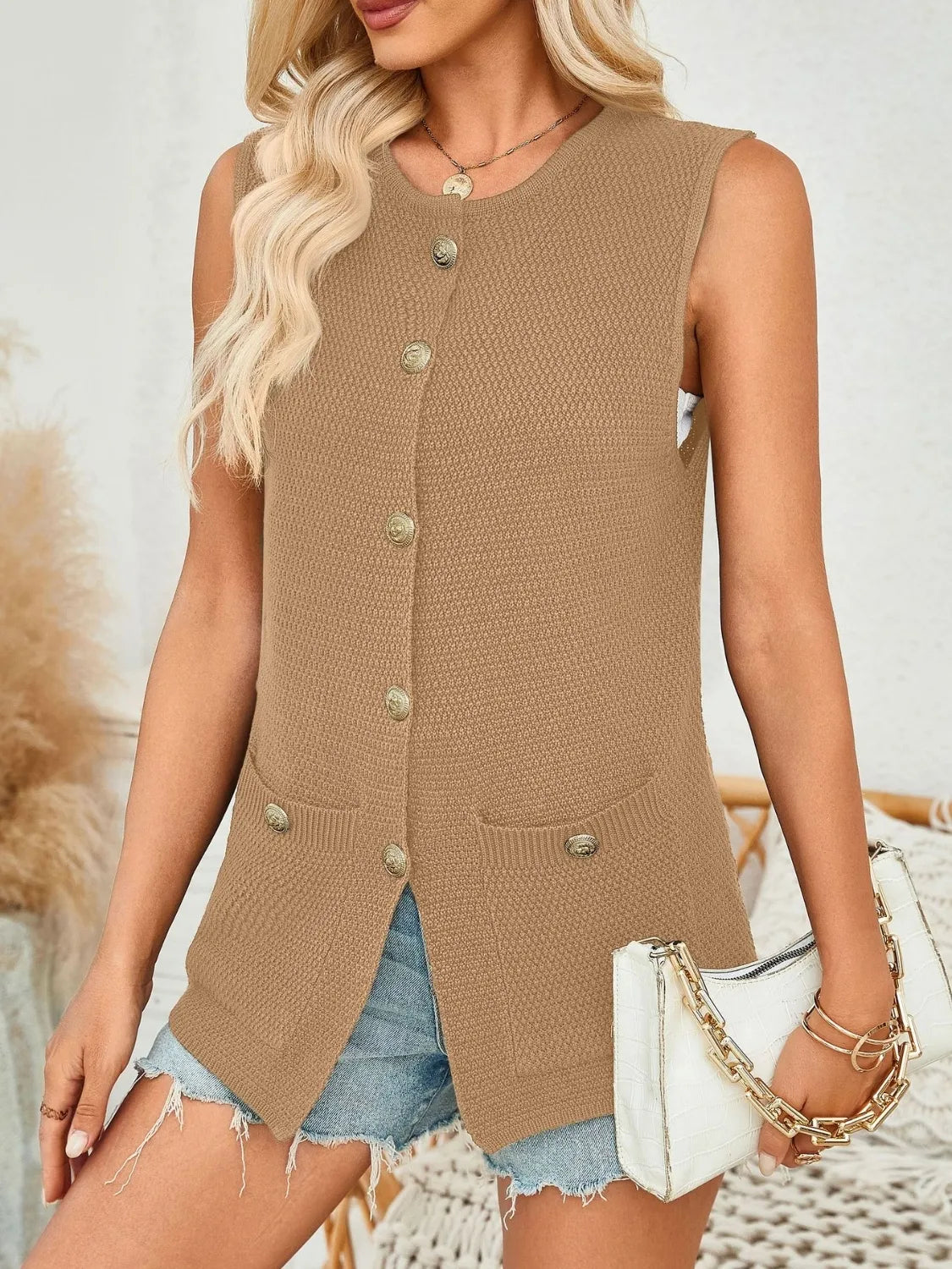 Button Down Round Neck Knit Vest - adritiX