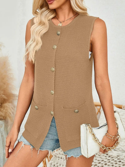 Button Down Round Neck Knit Vest - adritiX
