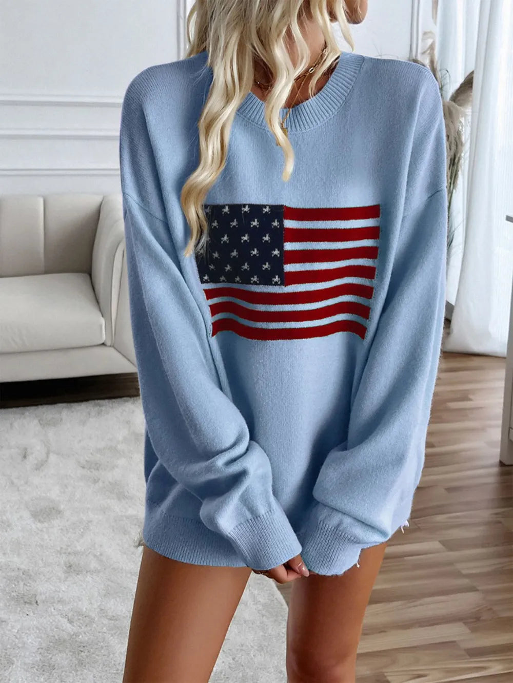 Devine US Flag Round Neck Long Sleeve Knit Top - adritiX