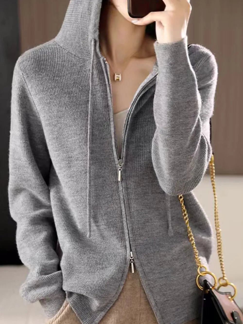 Drawstring Zip Up Long Sleeve Hooded Sweater - adritiX