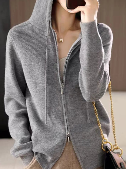 Drawstring Zip Up Long Sleeve Hooded Sweater - adritiX