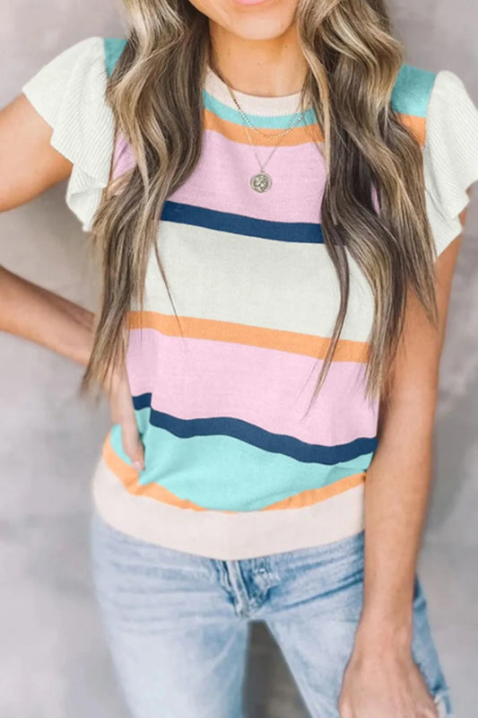 Color Block Round Neck Cap Sleeve Knit Top - adritiX