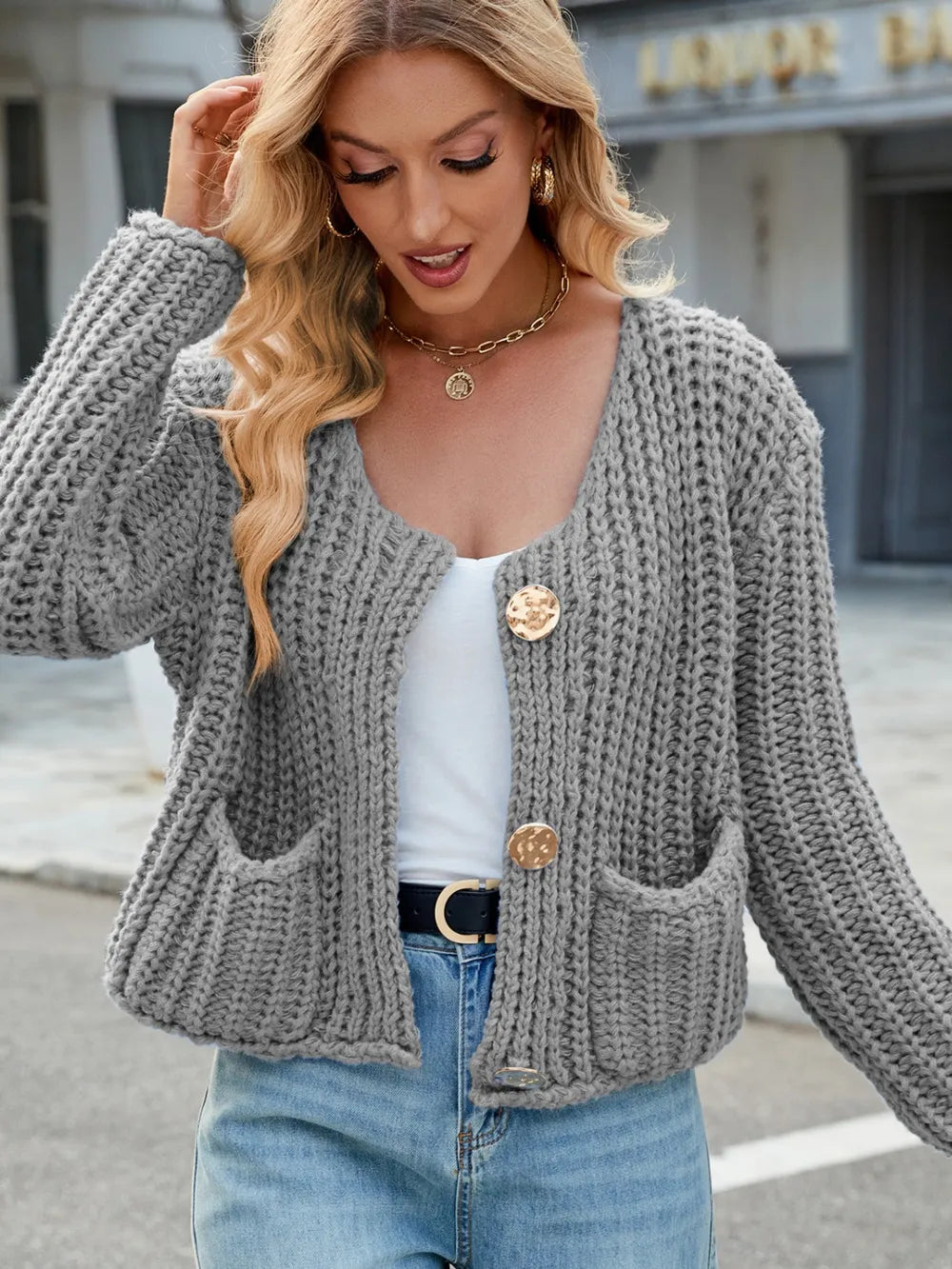 Round Neck Button Up Cardigan with Pockets - adritiX