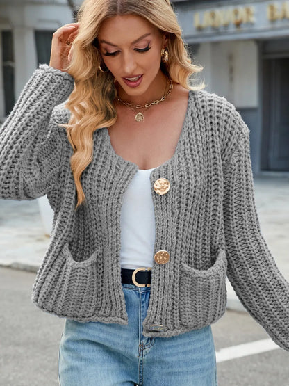 Round Neck Button Up Cardigan with Pockets - adritiX