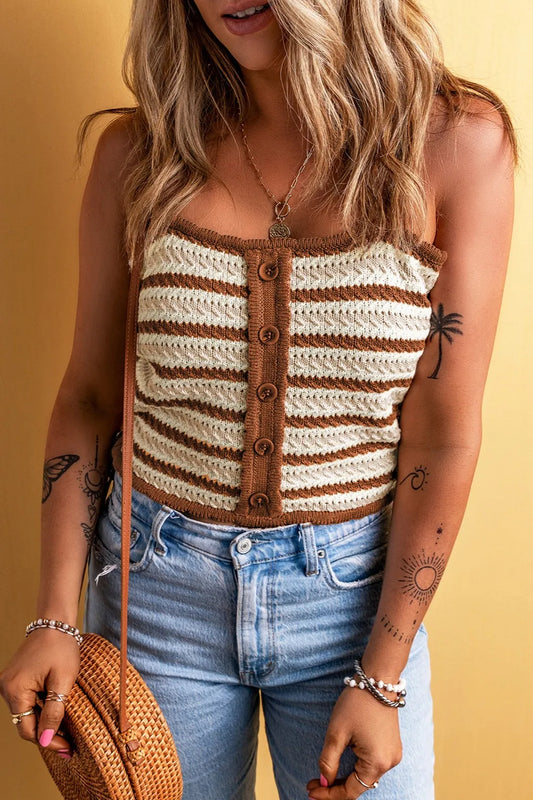 Decorative Button Striped Knit Cami - adritiX