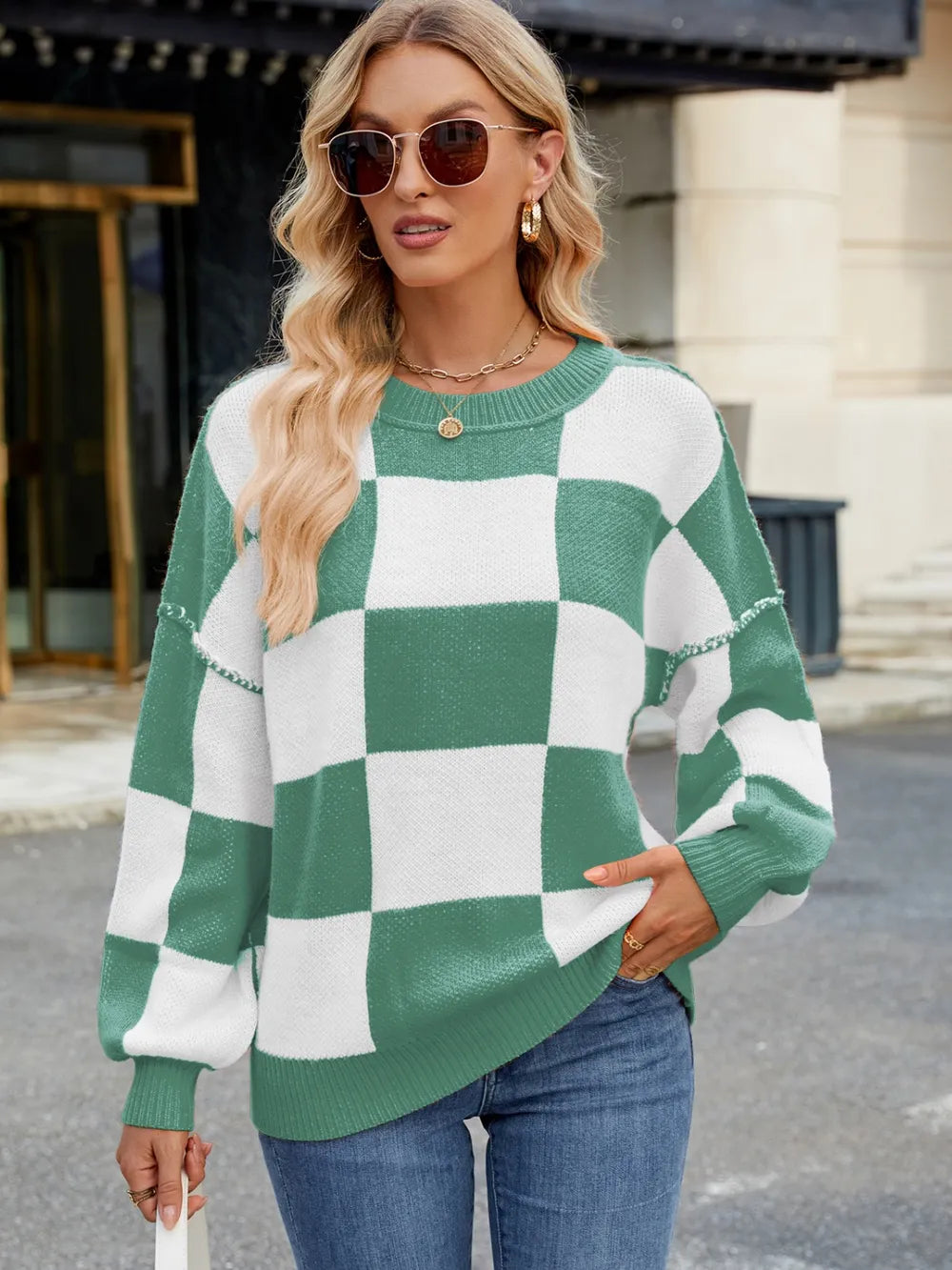Checkered Round Neck Long Sleeve Sweater - adritiX