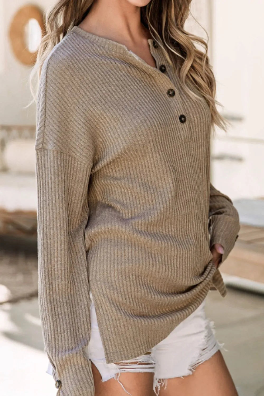 Quarter Button Round Neck Dropped Shoulder Knit Top - adritiX