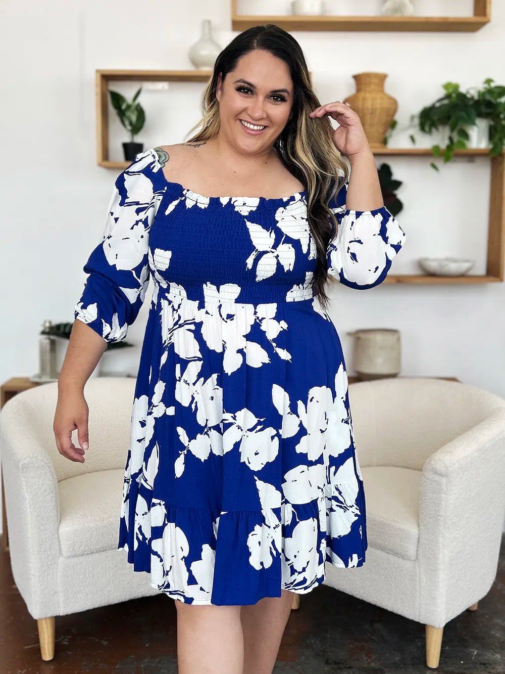 Double Take Full Size Floral Ruffle Hem Smocked Dress with Pockets - adritiX