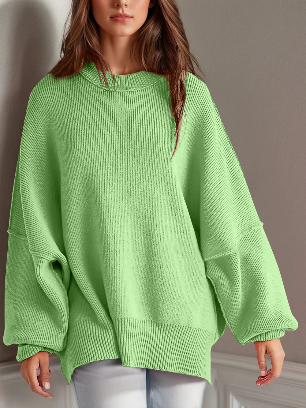 Double Take Side Slit Round Neck Long Sleeve Sweater - adritiX